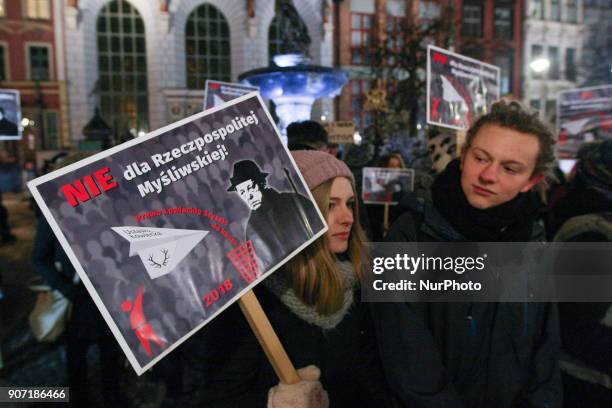 Protesters holding banners, with anti-hunting slogans are seen in Gdansk, Poland on 19 January 2018 Over 200 people protested against new hunting law...