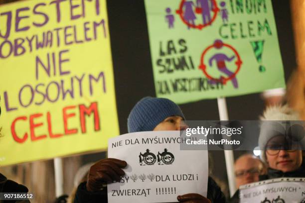 Protesters holding banners, with anti-hunting slogans are seen in Gdansk, Poland on 19 January 2018 Over 200 people protested against new hunting law...