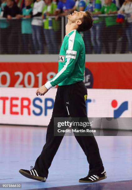 Goalkeeper Niklas Landin Jacobsen of Denmark reacts during the Men's Handball European Championship main round group 2 match between Slovenia and...