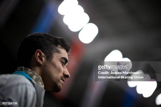 Javier Fernandez of Spain prepares in the Men's Free Skating during day three of the European Figure Skating Championships at Megasport Arena on...