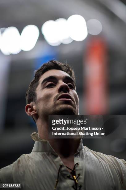 Javier Fernandez of Spain prepares in the Men's Free Skating during day three of the European Figure Skating Championships at Megasport Arena on...