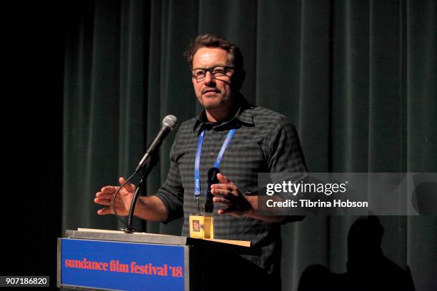 David Courier, Sundance Film Festival Senior Programmer, speaks onstage at the "Hale County This Morning, This Evening" Premiere during the 2018...