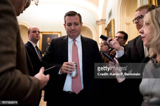 Sen. Ted Cruz speaks with reporters at the U.S. Capitol January 19, 2018 in Washington, DC. A continuing resolution to fund the government has passed...