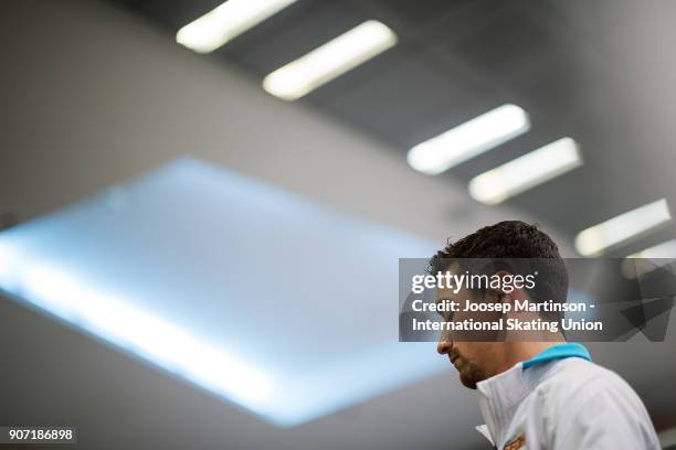 Javier Fernandez of Spain prepares in the Men's Free Skating during day three of the European Figure Skating Championships at Megasport Arena on...