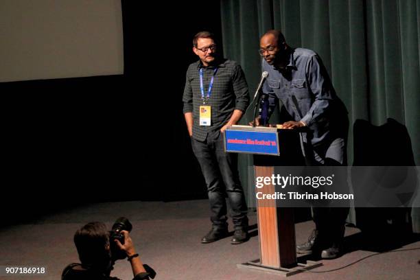 David Courier , Sundance Film Festival Senior Programmer, and Director/Writer/Editor RaMell Ross speak onstage at the "Hale County This Morning, This...