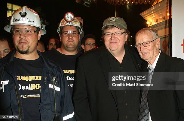 Director Michael Moore, Father Frank Moore with Anti-Capitalist demonstrators attends "Capitalism: A Love Story" Premiere held at Visa Screening Room...