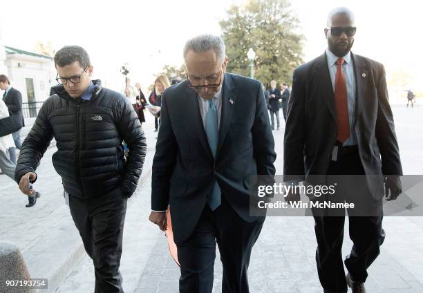 Senate Minority Leader Chuck Schumer returns to the U.S. Capitol after meeting with U.S. President Donald Trump on the looming threat of a federal...