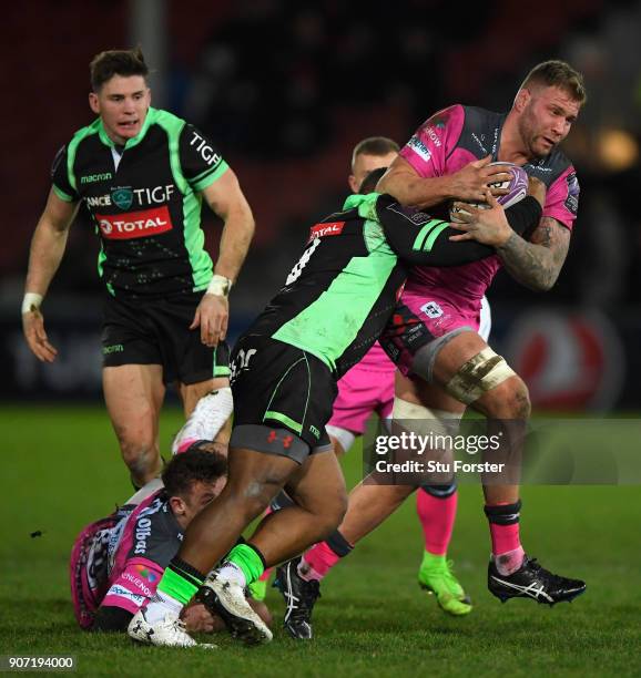 Ross Moriarty of Gloucester runs through the Paloise defence during the European Rugby Challenge Cup match between Gloucester and Section Paloise at...