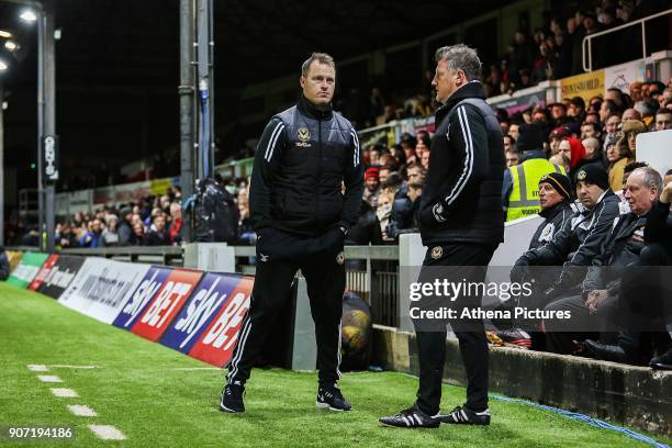 Newport County manager Michael Flynn and Wayne Hatswell prior to kick off of the Sky Bet League Two match between Newport County and Crawley Town at...