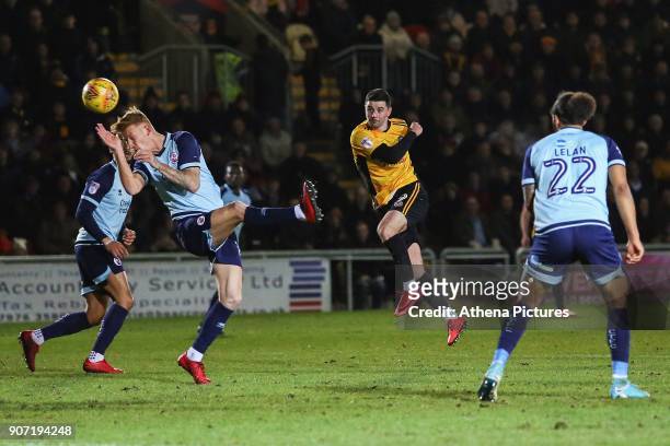 Padraig Amond of Newport County has a shot on goal during the Sky Bet League Two match between Newport County and Crawley Town at Rodney Parade on...