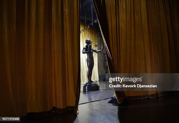 The Actor statues are seen during preparations for the 24th Annual Screen Actors Guild Awards at The Shrine Expo Hall on January 19, 2018 in Los...