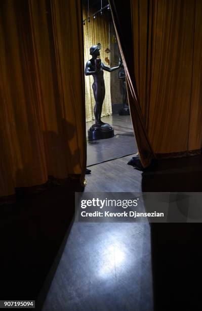 The Actor statues are seen during preparations for the 24th Annual Screen Actors Guild Awards at The Shrine Expo Hall on January 19, 2018 in Los...