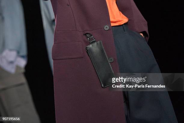 Model walks the runway during the Mackintosh 0003 Menswear Fall/Winter 2018-2019 show as part of Paris Fashion Week on January 19, 2018 in Paris,...