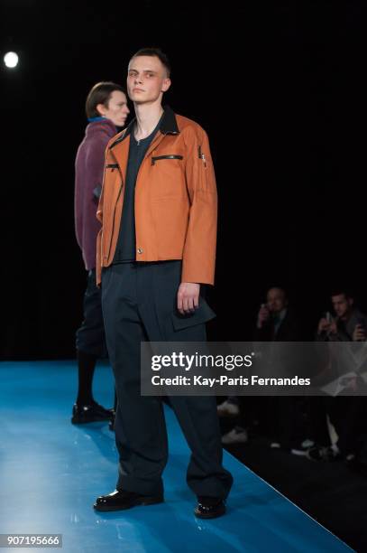 Model walks the runway during the Mackintosh 0003 Menswear Fall/Winter 2018-2019 show as part of Paris Fashion Week on January 19, 2018 in Paris,...