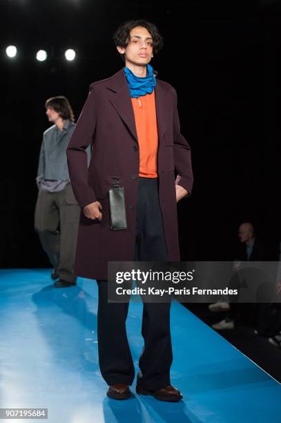 Model walks the runway during the Mackintosh 0003 Menswear Fall/Winter 2018-2019 show as part of Paris Fashion Week on January 19, 2018 in Paris,...