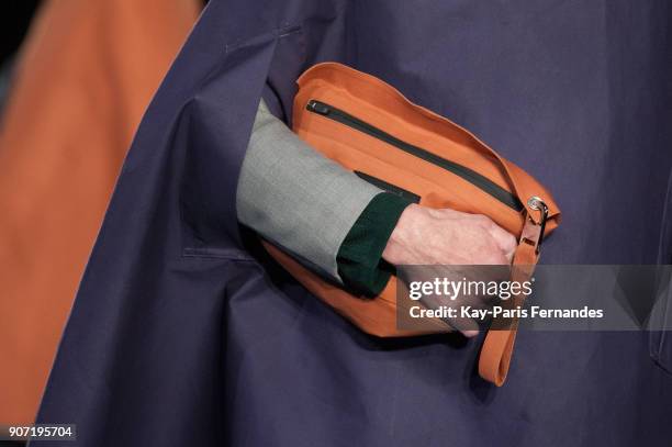 Model walks the runway during the Mackintosh 0003 Menswear Fall/Winter 2018-2019 show as part of Paris Fashion Week on January 19, 2018 in Paris,...