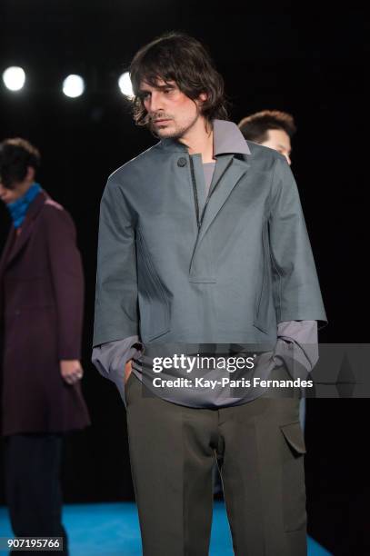 Model walks the runway during the Mackintosh 0003 Menswear Fall/Winter 2018-2019 show as part of Paris Fashion Week on January 19, 2018 in Paris,...