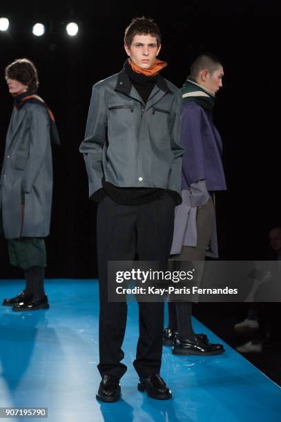 Model walks the runway during the Mackintosh 0003 Menswear Fall/Winter 2018-2019 show as part of Paris Fashion Week on January 19, 2018 in Paris,...