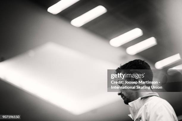 Javier Fernandez of Spain prepares in the Men's Free Skating during day three of the European Figure Skating Championships at Megasport Arena on...