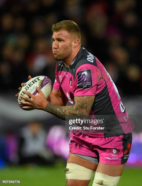 Gloucester player Ross Moriarty in action during the European Rugby Challenge Cup match between Gloucester and Section Paloise at Kingsholm on...