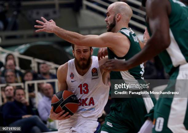 Sergio Rodriguez, #13 of CSKA Moscow competes with Nick Calathes, #33 of Panathinaikos Superfoods Athens during the 2017/2018 Turkish Airlines...