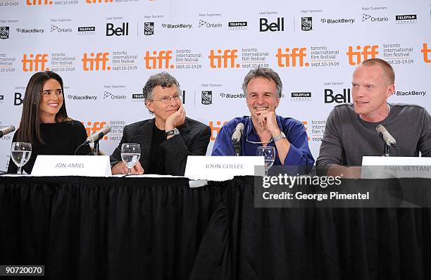Actress Jennifer Connelly, director Jon Amiel, writer John Collee and actor Paul Bettany speak onstage at the "Creation" press conference held at the...
