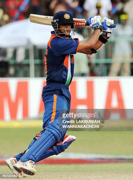 Indian cricketer Rahul Dravid bats during the Tri-Nation Championship trophy final One Day International match between India and Sri Lanka at The R....