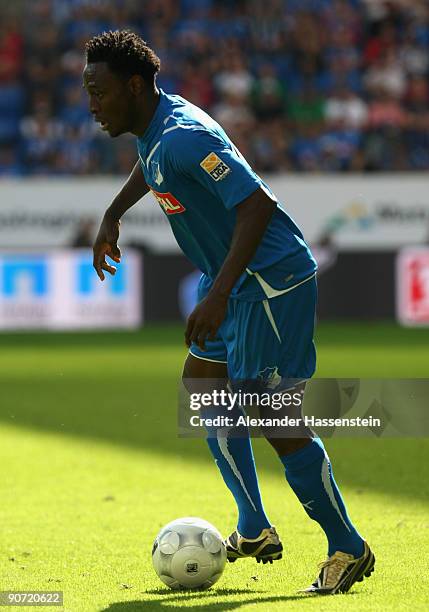 Chinedu Obasi of Hoffenheim runs with the ball during the Bundesliga match between 1899 Hoffenheim and VfL Bochum at Rhein-Neckar Arena on September...