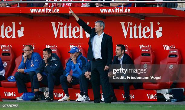 Coach Lucien Favre of Hertha gives instructions during the Bundesliga match between FSV Mainz 05 and Hertha BSC Berlin at Bruchweg Stadium on...