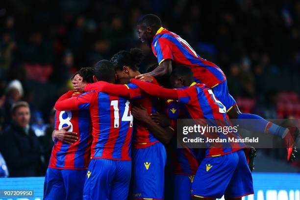 Tariq Ossai of Crystal Palace celebrates with his teammates after scoring his sides second goal during the FA Youth Cup Fourth Round match between...