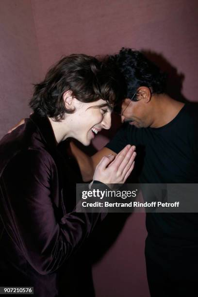 Actor Timothee Chalamet and Stylist of Berluti men, Haider Ackermann pose after the Berluti Menswear Fall/Winter 2018-2019 show as part of Paris...