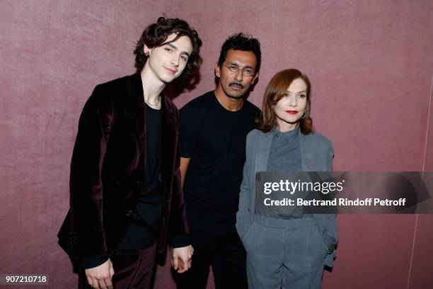 Timothee Chalamet, Stylist of Berluti men, Haider Ackermann and Isabelle Huppert pose after the Berluti Menswear Fall/Winter 2018-2019 show as part...