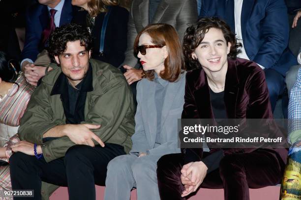 Actors Louis Garrel, Isabelle Huppert and Timothee Chalamet attend the Berluti Menswear Fall/Winter 2018-2019 show as part of Paris Fashion Week on...