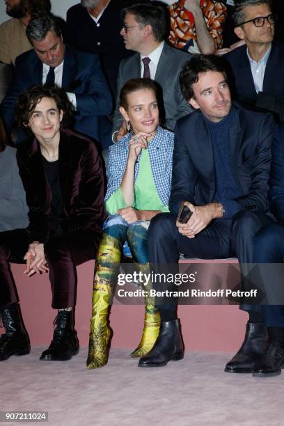 Timothee Chalamet, Natalia Vodianova and General manager of Berluti Antoine Arnault attend the Berluti Menswear Fall/Winter 2018-2019 show as part of...