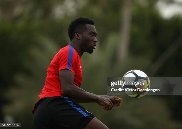 Sapong of the U.S. Men's National Soccer Team volleys the ball during training at StubHub Center on January 19, 2018 in Carson, California.