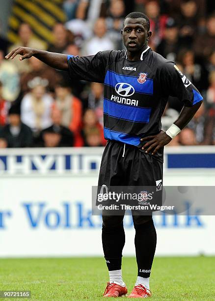 Soumaila Coulibaly gestures during the 2. Bundesliga match between FSV Frankfurt and FC St. Pauli at the Volksbank stadium on September 13, 2009 in...