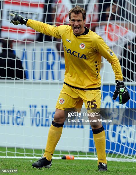 Mathias Hain, goalkeeper of St. Pauli gestures during the 2. Bundesliga match between FSV Frankfurt and FC St. Pauli at the Volksbank stadium on...