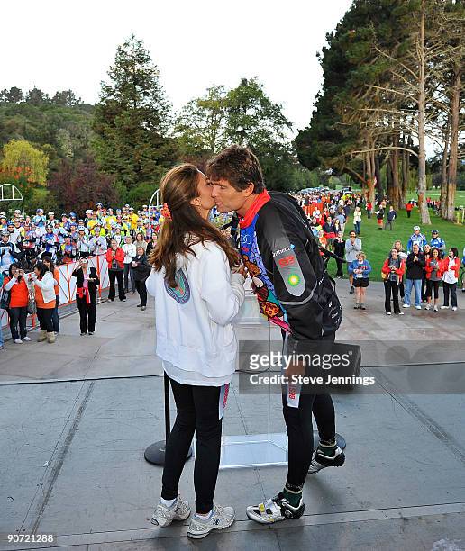 Maria Kennedy Shriver and Anthony Kennedy Shriver greet with a kiss onstage at the Audi Best Buddies Challenge at Hearst Castle on September 12, 2009...