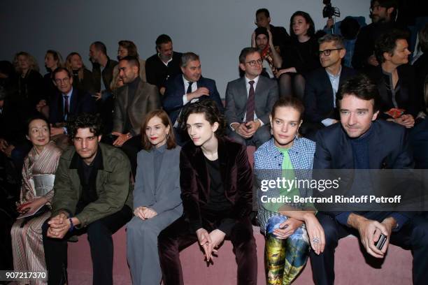 Setsuko Klossowska de Rola, Louis Garrel, Isabelle Huppert, Timothee Chalamet, Natalia Vodianova and General manager of Berluti Antoine Arnault...