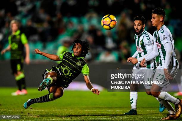 Sporting's forward Gelson Martins kicks the ball during the Portuguese league football match between Vitoria FC and Sporting CP at the Bonfim stadium...