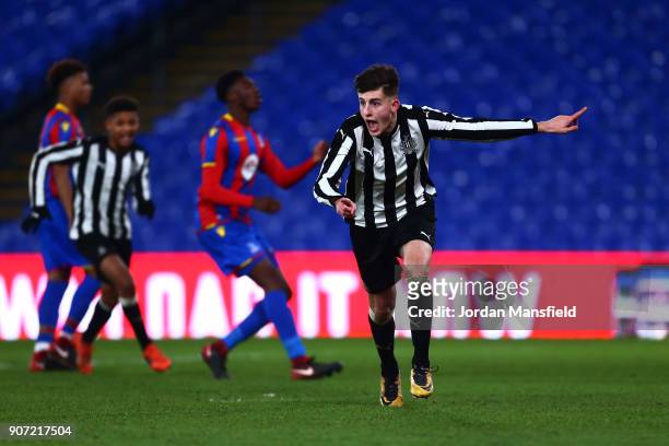 Kelland Watts of Newcastle celebrates scoring his sides third goal during the FA Youth Cup Fourth Round match between Crystal Palace and Newcastle...