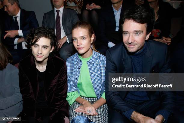 Timothee Chalamet, Natalia Vodianova and General manager of Berluti Antoine Arnault attend the Berluti Menswear Fall/Winter 2018-2019 show as part of...