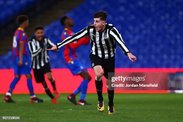 Kelland Watts of Newcastle celebrates scoring his sides third goal during the FA Youth Cup Fourth Round match between Crystal Palace and Newcastle...