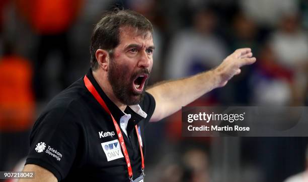 Veselin Vujovic, head coach of Slovenia gestures during the Men's Handball European Championship main round match between Slovenia and Denmark at...