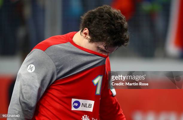 Matevz Skok, goalkeeper of Slovenia looks dejected during the Men's Handball European Championship main round match between Slovenia and Denmark at...