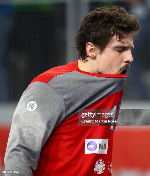 Matevz Skok, goalkeeper of Slovenia looks dejected during the Men's Handball European Championship main round match between Slovenia and Denmark at...