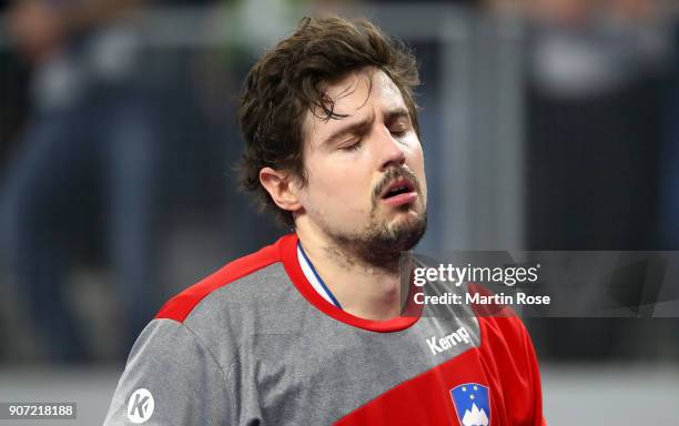 Matevz Skok, goalkeeper of Slovenia looks dejected during the Men's Handball European Championship main round match between Slovenia and Denmark at...