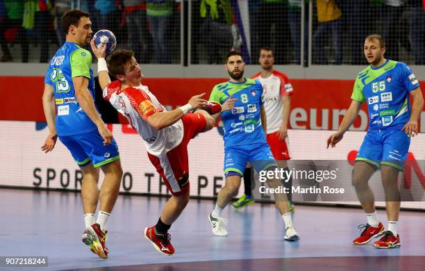 Lasse Svan of Denmark throws at goal during the Men's Handball European Championship main round match between Slovenia and Denmark at Varazdin Arena...