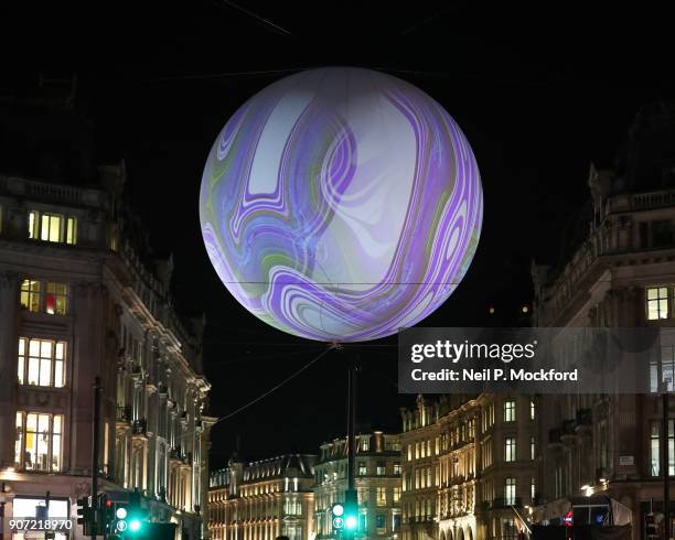 The 'Origin of the World Bubble 2018' suspended high above Oxford Circus during the Lumiere London Festival of Light 2018 on January 19, 2018 in...