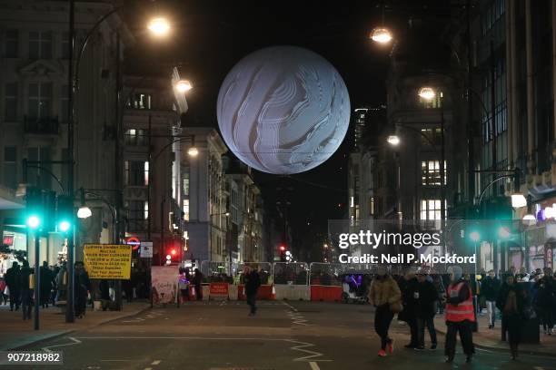 The 'Origin of the World Bubble 2018' suspended high above Oxford Circus during the Lumiere London Festival of Light 2018 on January 19, 2018 in...